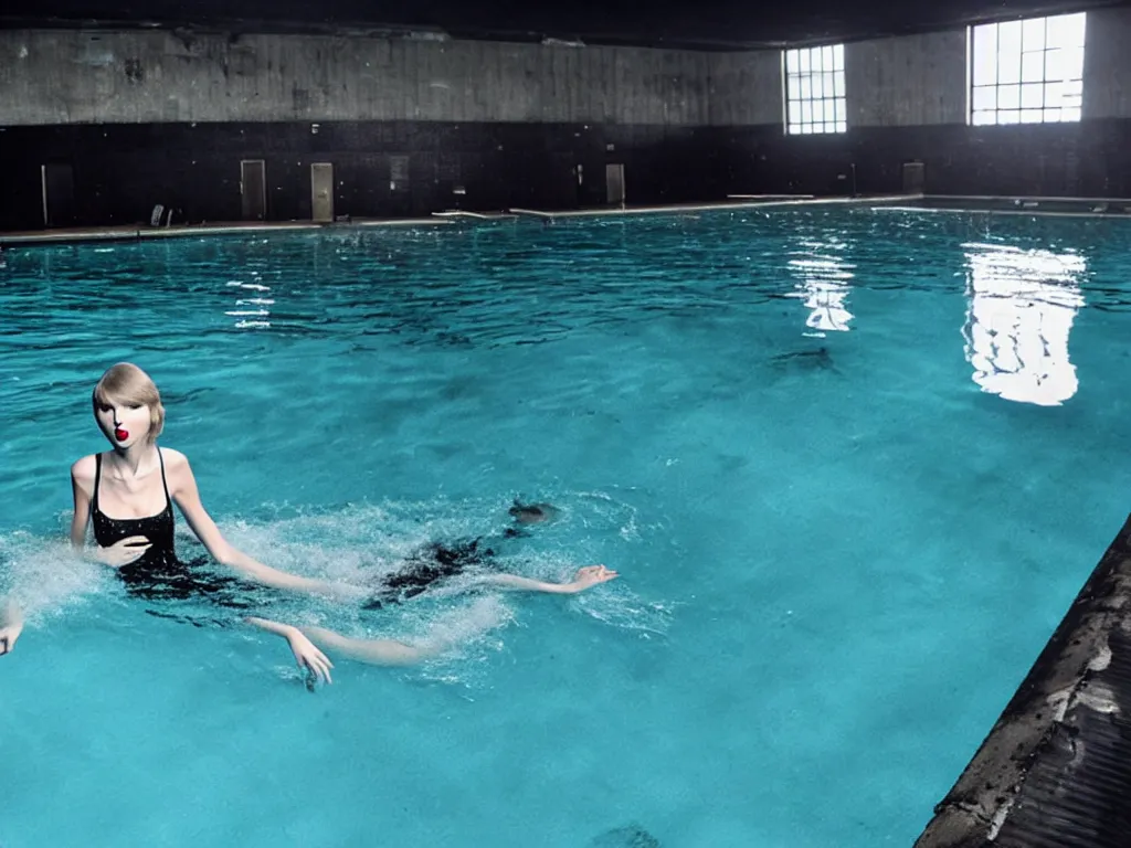 Image similar to taylor swift swimming inside a disgusting abandoned swimming pool liminal space nostalgia grey black mould