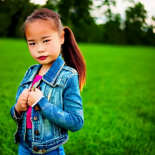 Image similar to a young girl plays on a great green meadow, she wears a jacket, jeans and boots, she has ponytails, photo taken by a nikon, highly detailed, sharp focus