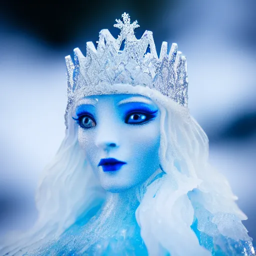 Prompt: photo of a real-life very beautiful! ice queen, highly detailed, 4k, macro 25mm