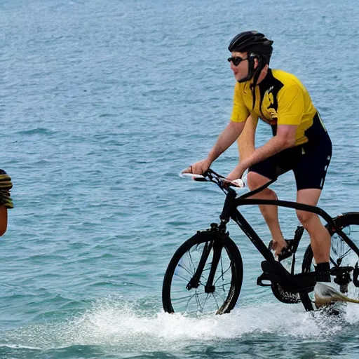 Prompt: don matteo riding a bike straight through the sea king monster