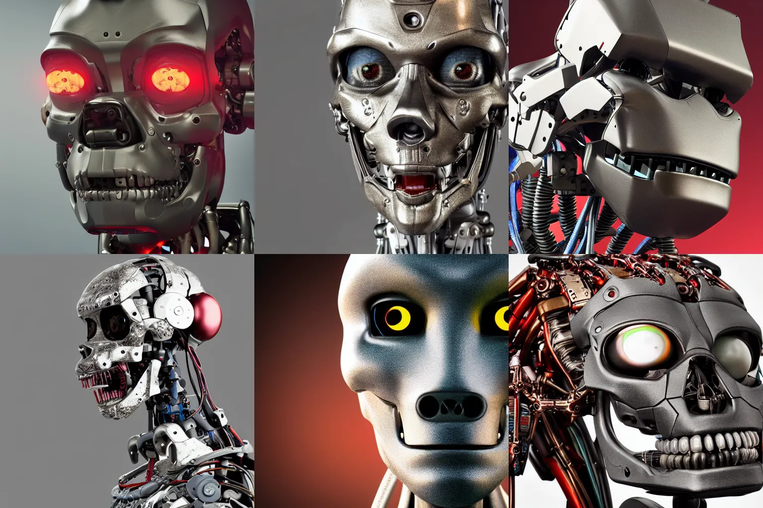 Prompt: boston dynamics humanoid robot came alive today. he is angry. closeup, depth of field. highly detailed skull, red neon eyes, cables and mechanical brain visible. intricate, unbelievable. octane 3 d, v - ray and unreal engine render. professional product head shot, full of shiny metallic parts. focus on forehead and eyes, back is blurred.