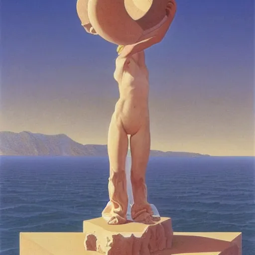 Prompt: David Ligare, scifi landscape, hyperrealistic surrealism, award winning masterpiece with incredible details, epic stunning, infinity pool, a surreal vaporwave liminal space, highly detailed, trending on ArtStation, artgerm and greg rutkowski and alphonse mucha, daily deviation, IAMAG, broken giant marble head statue ruins, golden hour