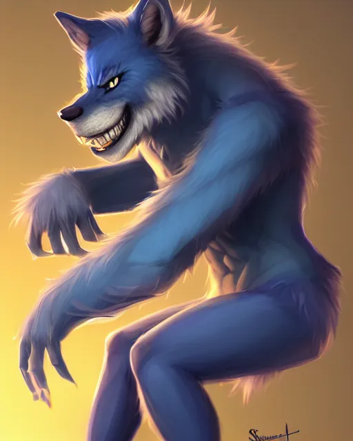 Image similar to character concept art, cute adult male anthropomorphic furry, cute fine face, darkblue werewolf, pants, pretty face, key visual, long human lightblue hair, realistic shaded furry face, fine details by stanley artgerm lau, wlop, rossdraws, james jean, andrei riabovitchev, marc simonetti, and sakimichan