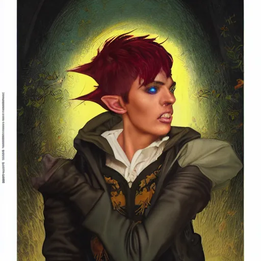 Image similar to dnd character portrait of a beautiful and androgynous half - elf with messy short red hair and dark skin tone and catlike features and yellow eyes with slit pupils, golden hour, wearing a colorful men's suit, realistic painting by kehinde wiley and ross tran and gerald brom and tasha beckwith and alphonse mucha, trending on artstation