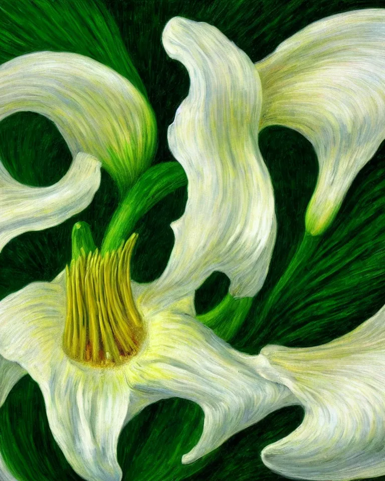 Image similar to achingly beautiful extreme close up painting of one white lily blossom on green background rene magritte, monet, and turner. piranesi. macro lens, symmetry, circular.