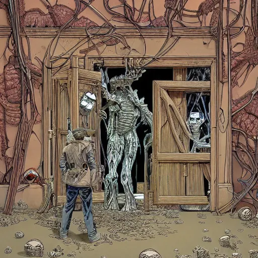 Image similar to a door opening an impossible nightmare beyond comprehension, very very detailed painting by geof darrow and greg rutowski and hr giger