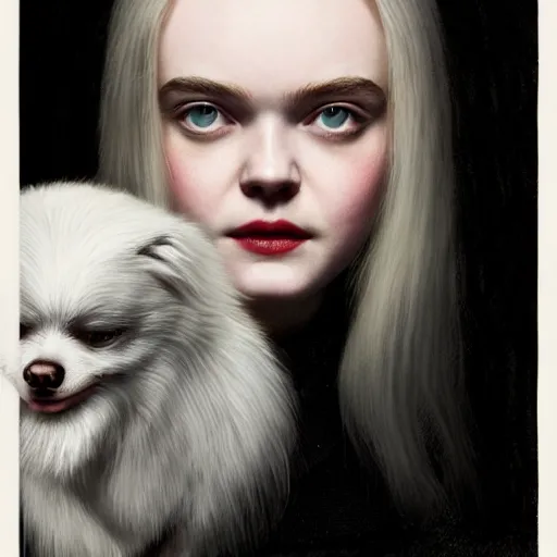 Image similar to Elle Fanning as a vampire with fangs with a white dog in the style of Paola Vetri, head and shoulders portrait, stormy weather, extremely detailed masterpiece, oil on canvas, low-key neon lighting, artstation, Blade Runner 2049, Roger Deakin’s cinematography, by J. C. Leyendecker and Peter Paul Rubens and Edward Hopper and Michael Sowa,