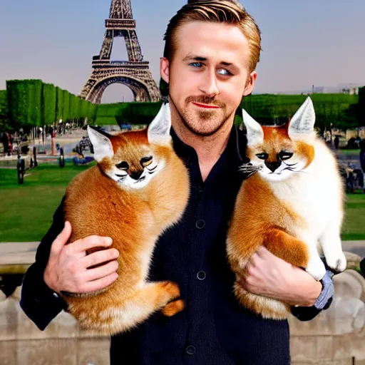 Image similar to Ryan Gosling holds a caracal cat in his hands against the backdrop of the Eiffel Tower, photography award winning