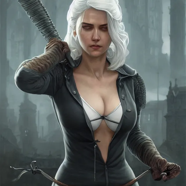 Image similar to cirilla wearing tight in chest shirt!, half - opened shirt!!, ultra realistic, pretty face, extremely detailed face!!, anatomically correct!!, symmetrical!!!, concept art, intricate details, highly detailed, photorealistic, octane render, 8 k, unreal engine. art by artgerm and greg rutkowski and alphonse mucha