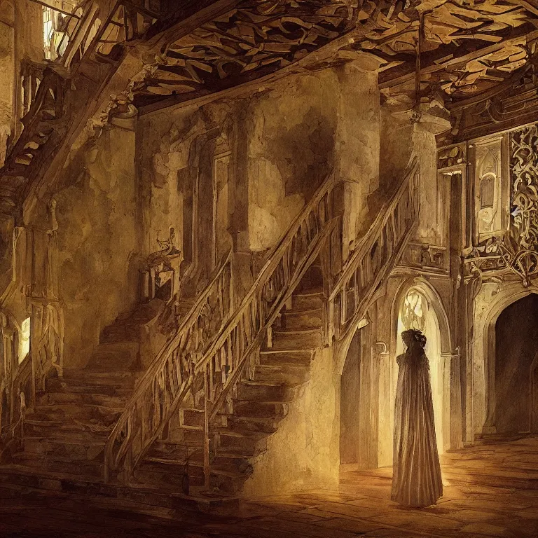 Image similar to a detailed painting of a medieval hall with wooden walls, big marble statue and staircase to the second floor. fantasy poster. lord of the rings style. cinematic fantasy scene. fantasy. carl spitzweg. renaissance elements. renaissance element. oil painting. award winning. trending on artstation. 8 k