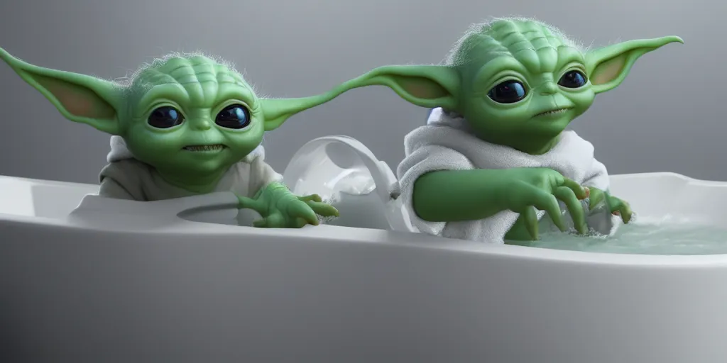 Image similar to Baby Yoda sitting in a tub taking a bubble bath, hyperdetailed, artstation, cgsociety, 8k