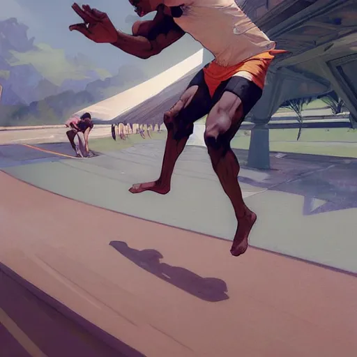 Prompt: cinematic painting of qwop!!!!!!!!!!!!!!!!! running down the track, art by krenz cushart and artem demura and alphonse mucha