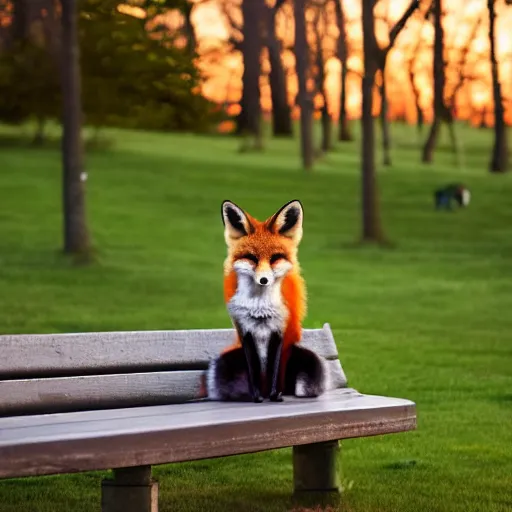 Prompt: Blue hour photography, a fox sitting on a bench, cool twilight lighting, 5am