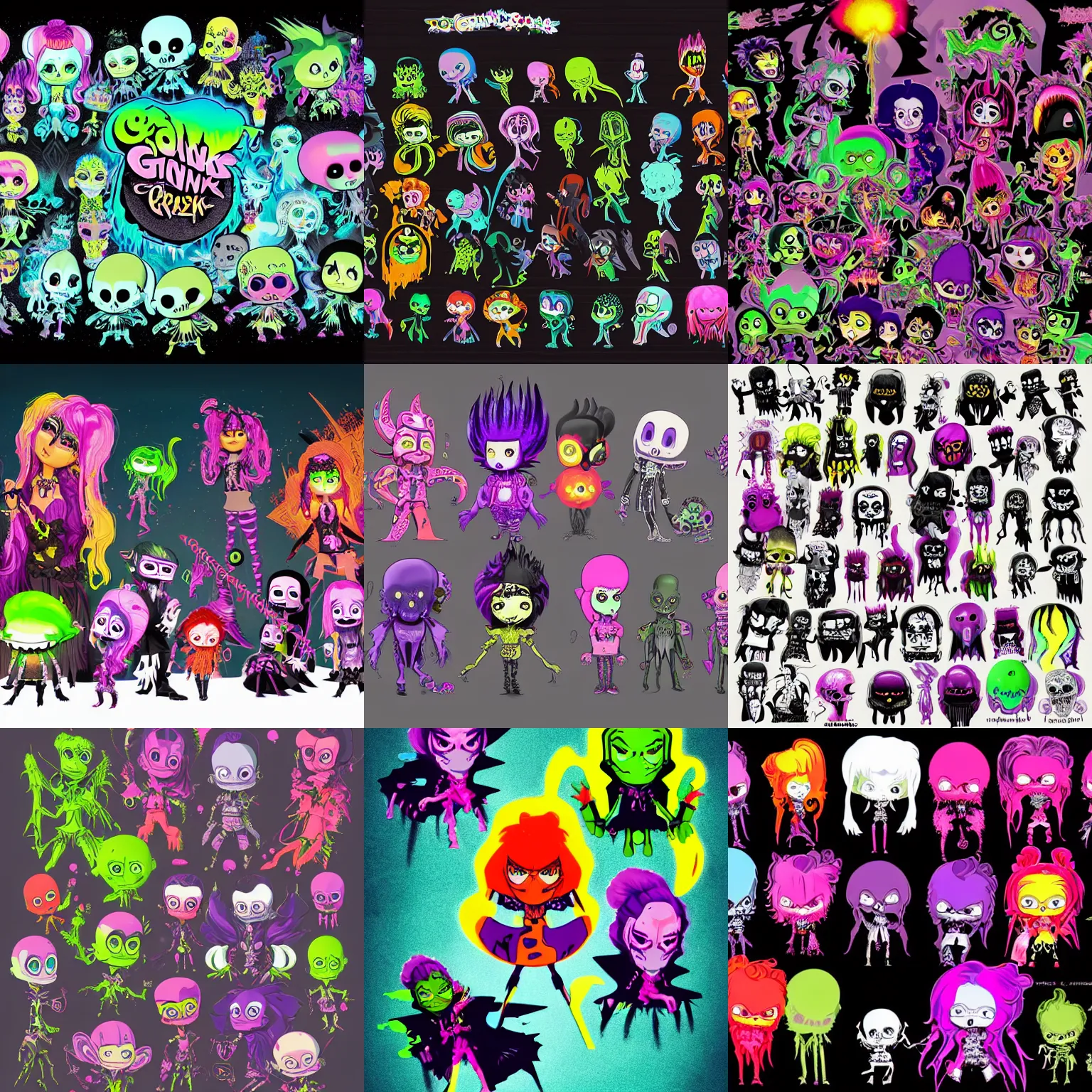 Prompt: CGI lisa frank gothic punk toxic glow in the dark bones vampiric rockstar vampire squid concept character designs of various shapes and sizes by genndy tartakovsky and the creators of fret nice at pieces interactive and splatoon by nintendo and the psychonauts by doublefines tim shafer artists for the new hotel transylvania film managed by pixar and overseen by Jamie Hewlett from gorillaz