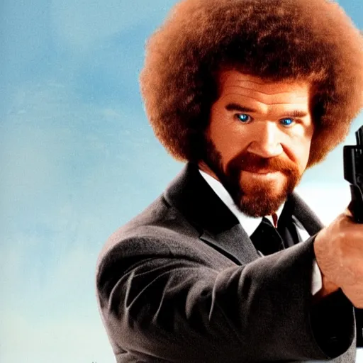 Prompt: Bob Ross as 007, promotional image, action movie, holding dual high-caliber pistols