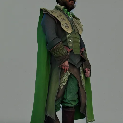 Image similar to western fantasy bard style clothing design, green tones, dark green cape,. artstation, volumetric light, detailed, photorealistic, fantasy, rendered in octane