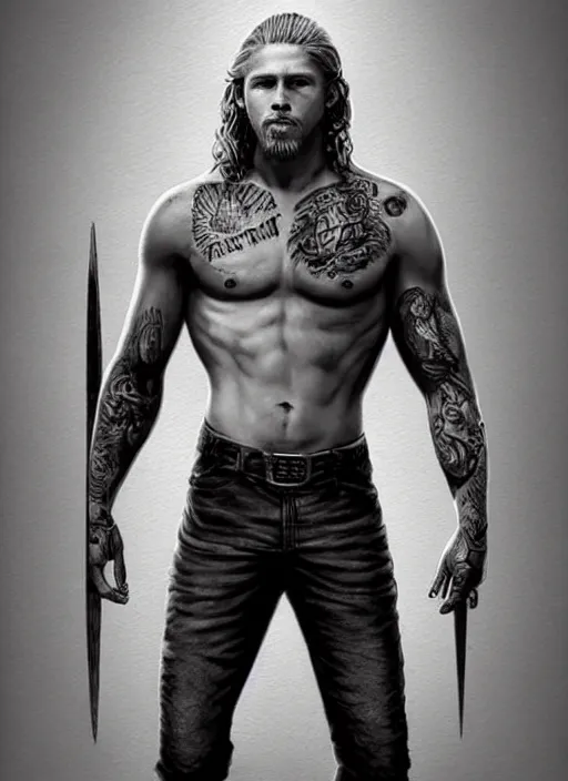 Prompt: photorealistic Portrait of frontal standing pose torso of a very attractive muscular man that looks like Jax Teller, heavily tattoed. All his skin is covered by elvish symbols and letters. Intricate, concept art, magic lighting overlays, magical portal opened, D&D!, fantasy style, sharp focus!, ultra detailed, art by Artgerm and Peter Andrew Jones, WLUP, Magali Villeneuve