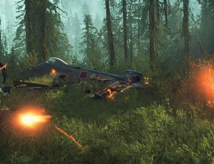 Image similar to a the forest game screenshot with a crashed plane, player is holding a lighter. ultra realistic