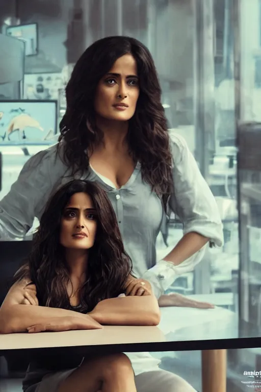 Image similar to salma hayek sitting at a desk, big bust v neck shirt, mcdonalds interior, highly detailed, wide shot, intricate, cute, mystical, sharp focus, Trending on Artstation HQ, deviantart, unreal engine 5, 4K UHD image