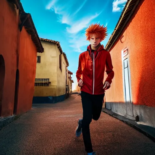 Prompt: orange - haired anime boy, 1 7 - year - old anime boy with wild spiky hair, wearing red jacket, running through italian town, yellow sunshine, sepia sun, strong lighting, vivid lighting, ultra - realistic, sharp details, subsurface scattering, intricate details, hd anime, 2 0 1 9 anime