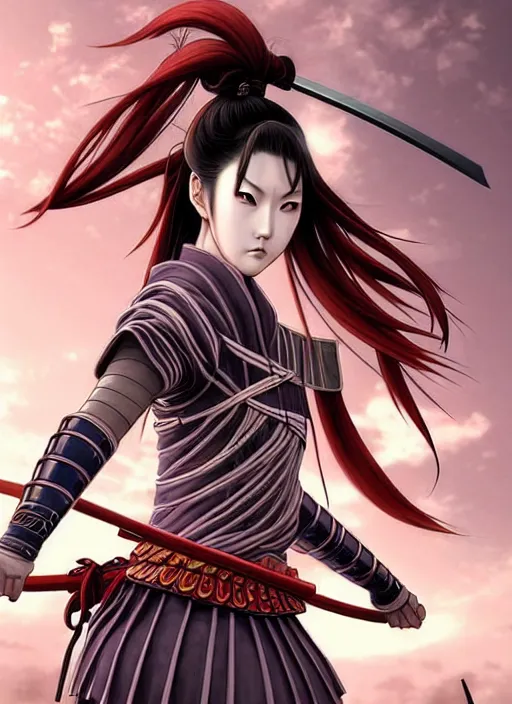 Image similar to beautiful samurai warrior woman only, anime style only, scenery wallpaper aesthetic, pastel colors only, symmetrical face and full body, cinematic, dramatic, powerful, super detailed and intricate, hyper realistic, by artgerm, by kyoung hwan kim, by ralph mcquarrie, by yoshiyuki tomino