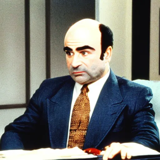 Image similar to Bob Hoskins as Eddie Valiant wearing a brown fadora and a brown pinstripe suit sitting at the desk of his detective's office, cinematic 35mm film still from 1987,