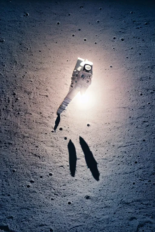 Image similar to A cinematic film still of an astronaut on the surface of the Moon. DSLR photograph, professional composition, award-winning, stunning detail, crisp shadows.