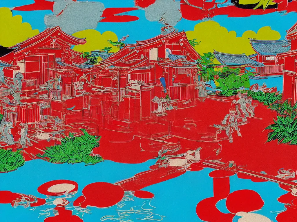 Image similar to close - up image of a japanese red house with a pond, with stormtroopers sitting around it, pop - art style, the style of andy warhol, roy lichtenstein and jackie tsai, bright and saturated palette, acrylic on canvas