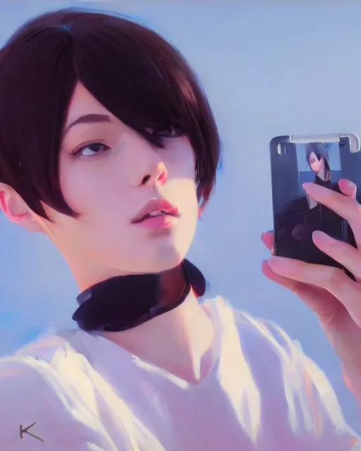 Prompt: A ultradetailed beautiful portrait panting of a stylish girl taking a selfie, Oil painting, by Ilya Kuvshinov, Greg Rutkowski and Makoto Shinkai