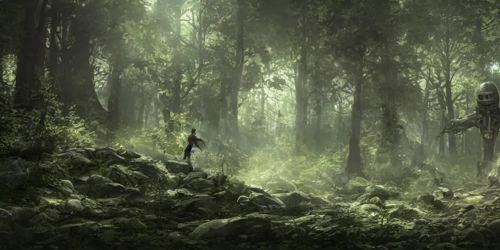 Prompt: a man finding a ancient giant ruined alien spaceship in a forest, anime style, octane render, hyperrealistic, unreal engine 5, fancy lighting, trending on Artstation, highly detailed, high quality, post processed, 8K HDR, 3D render, concept art