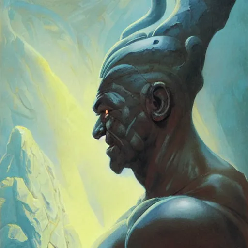 Prompt: head and shoulders portrait of an obsidian - skinned fire giant, d & d, fantasy, greg rutkowski, frank frazetta, alexandre chaudret, boris vallejo, michael whelan, miro petrov, hr giger, magali villeneuve, donato giancola