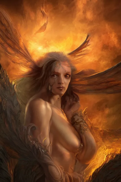 Prompt: fantasy character concept portrait, digital painting, wallpaper of a nymph with skin of obsidian, with veins of magma and gold, renaissance nimbus overhead, by aleksi briclot, by laura zalenga, by alexander holllow fedosav, 8 k dop dof hdr, vibrant