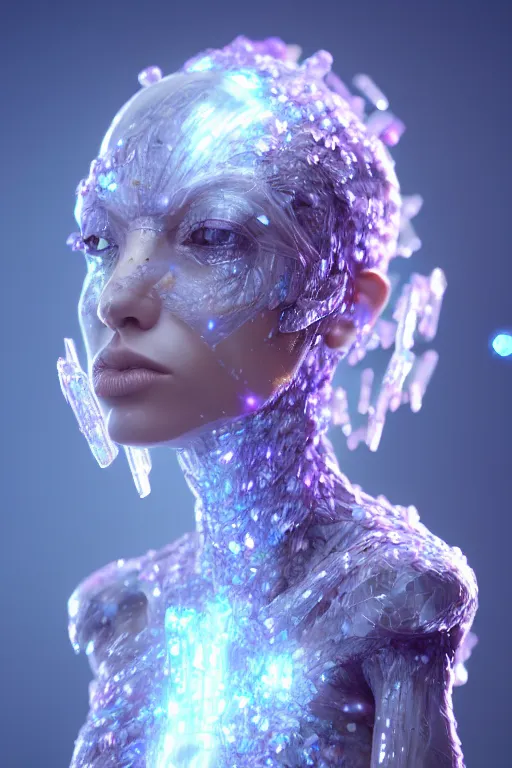 Image similar to skin concept anthropomorph, biopunk, in full growth, magical crystals, smoky crystals, translucent crystals, luminous sparkling crystals, many details, 3 d, cinematic, hyper realism, high detail, octane render