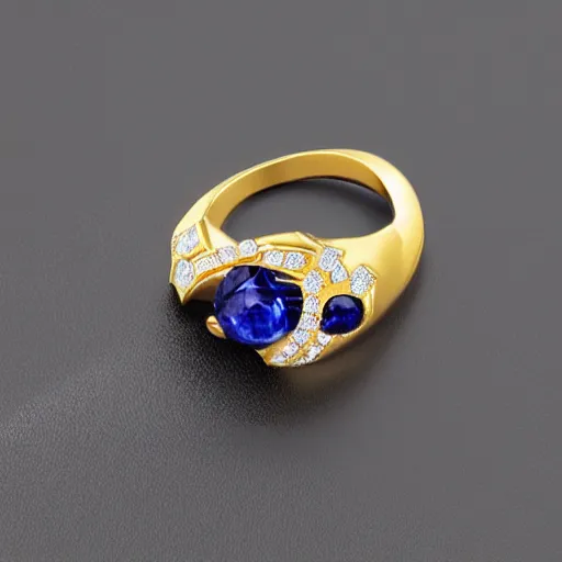 Image similar to a magnificent luxurious design of a female finger ring with a huge sapphire on which intricate patterns with interspersed small diamonds bend with a thin gold thread. hyper - realistic photo. full screen. very clear details.