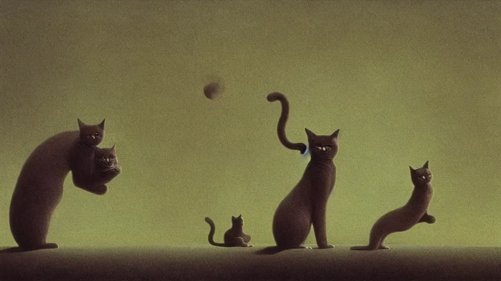 Image similar to the forbidden cat, film still from the movie directed by denis villeneuve and david cronenberg with art direction by salvador dali and zdzisław beksinski, wide lens