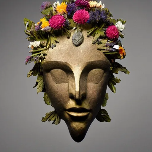 Prompt: sculpture of facemask made of flowers, by annie swynnerton and jean delville and edward hopper and evelyn de morgan and rufino tamayo and diego rivera, art deco flower shaman, art brut, outsider art, symbolist, dramatic lighting, god rays, elaborate geometric ornament, clean crisp graphics, smooth sharp focus, extremely detailed, adolf wolfli