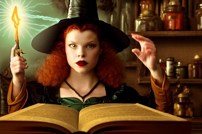 Image similar to close up portrait, dramatic lighting, teen witch calmly pointing a magic wand casting a spell over a large open book on a table with, short hair, cat on the table in front of her, sage smoke, a witch hat cloak, apothecary shelves in the background, still from alice in wonderland and peter pan