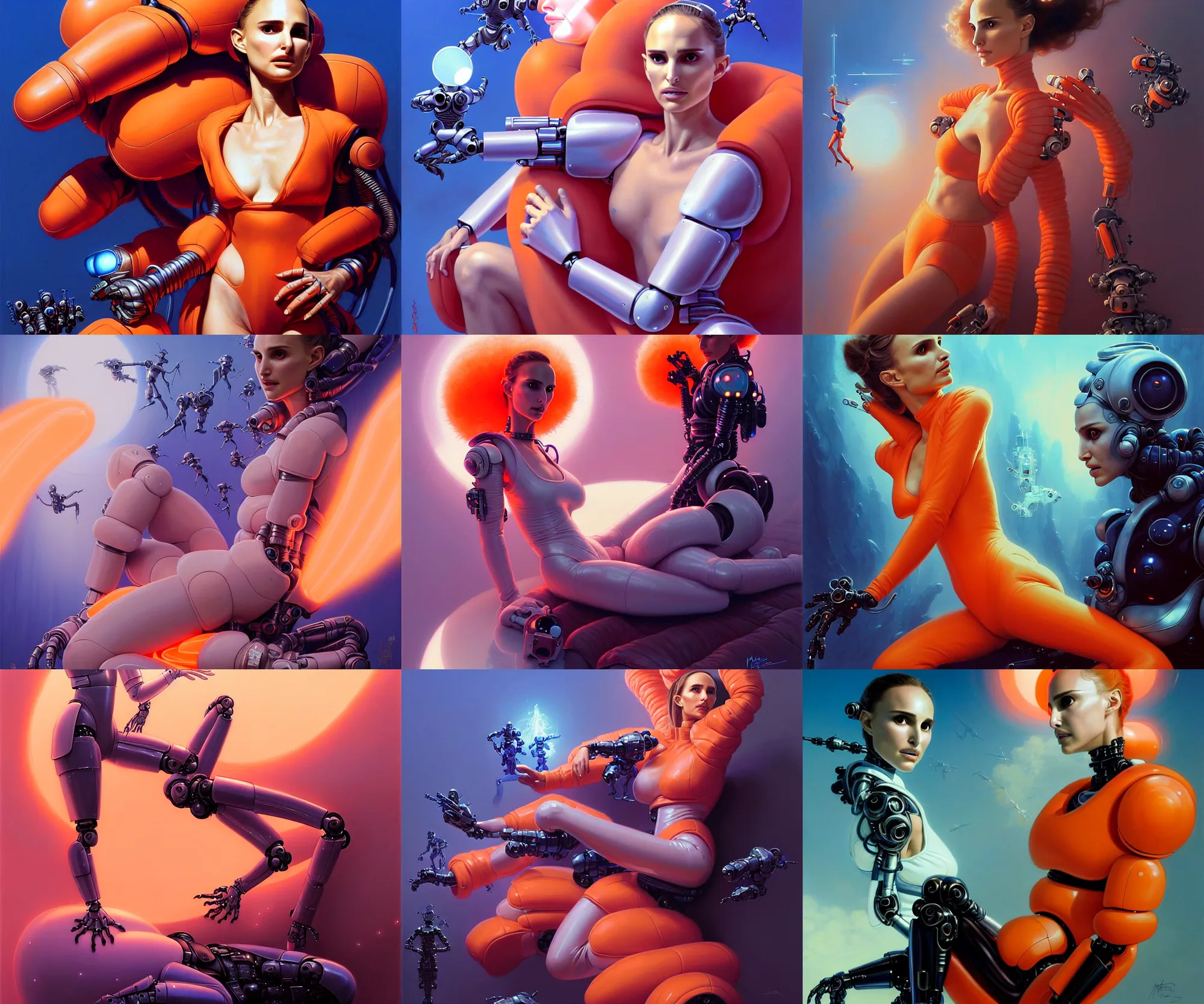 Prompt: beautiful fantasy character portrait, natalie portman, wearing orange puffy bomber jacket with leotard, seductive reclining pose, futuristic robots, ultra realistic, dramatic lighting, robots, the fifth element artifacts, highly detailed by peter mohrbacher, hajime sorayama, wayne barlowe, boris vallejo, aaron horkey, gaston bussiere, craig mullins