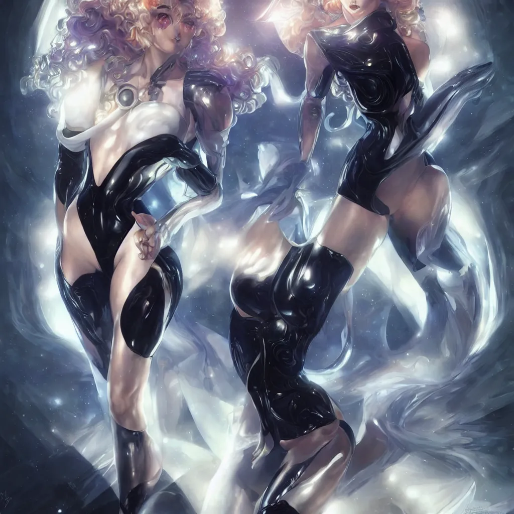 Image similar to genetically augmented super soldier Sailor Moon as a male, pale skin curly blond hair, black latex bodysuit with glowing cybernetics, fantasy, intricate, elegant, highly detailed, digital painting, artstation, concept art, matte, sharp focus, illustration, art by Artgerm and Greg Rutkowski and Alphonse Mucha
