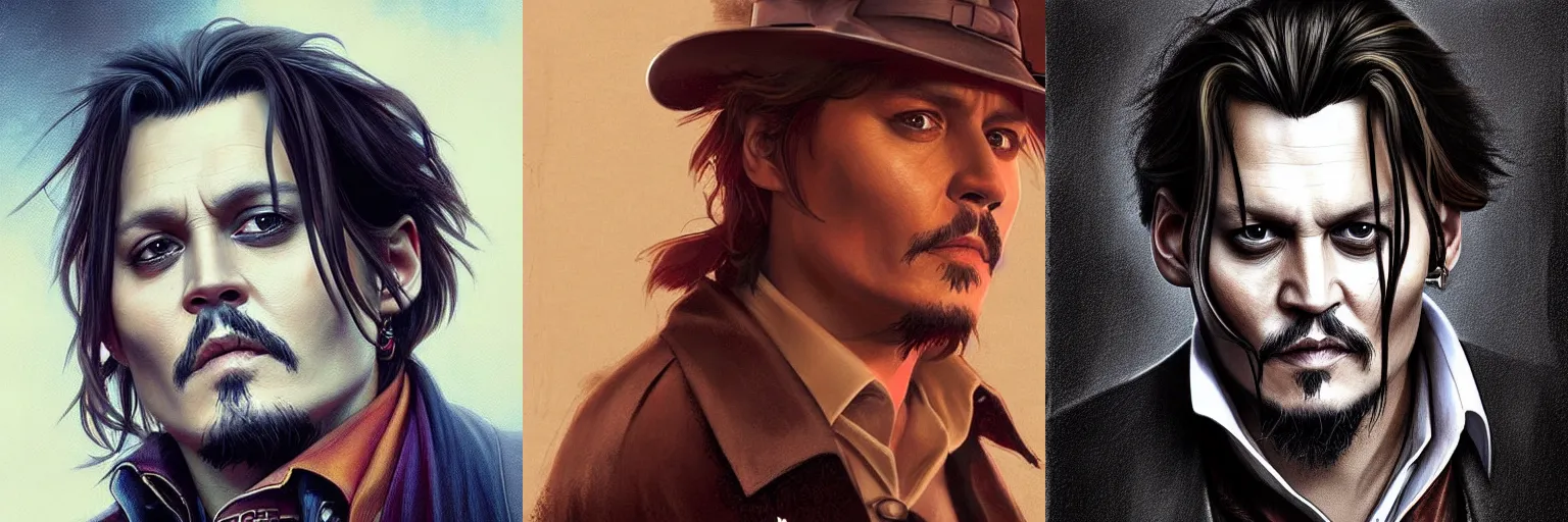 Prompt: portrait of Johnny Depp as a detective, highly detailed, digital painting, artstation, concept art, sharp focus, illustration, art by artgerm and greg rutkowski and alphonse mucha