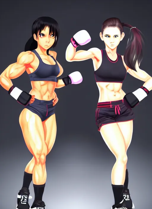 Prompt: two beautiful female fighters standing off in gym, dim lighting, gorgeous features, high resolution, smooth anime art