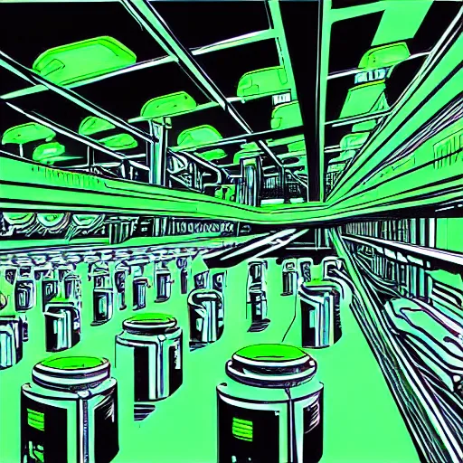 Image similar to a scifi illustration, factory interior with vats of neon green fluid. seen from above, parallax bloom effect, heavy linework line brush, graphic novel style