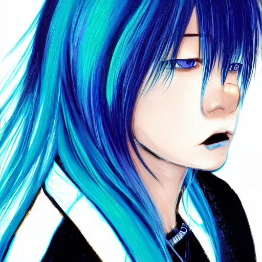 Image similar to profile shot of rimuru tempest, sky blue straight hair, long bangs, gold eyes, wearing a black jacket with white stripes, high collar, ultra detailed, brush strokes, digital painting, cinematic, wlop, closeup, pixiv, color block, eerie, scary, yoshitaka amano, andy warhol, junji ito