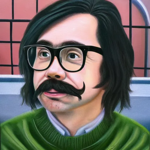 Image similar to An Oil Painting of the back view of Rivers Cuomo in a sweater with long hair and a mustache sweating bullets as he looks outside his window in front of him in his apartment to see kim jong un's nukes falling onto the city, hyperrealistic, extremely realistic, highly realistic, HD Quality, 4k resolution, 8k resolution, Detailed, Very Detailed, Highly Detailed, Extremely Detailed, Intricate Details, Real, Very Real, Oil Painting, Digital Painting, Painting, Trending on Deviantart, Trending on Artstation