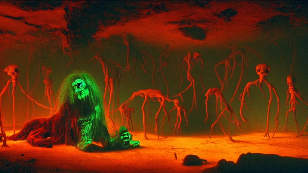 Image similar to the creature in the basement, made of glowing wax! and bone and blood, bioluminescence, surrounded by animals, film still from the movie directed by denis villeneuve and david cronenberg with art direction by salvador dali and zdzisław beksinski, wide lens