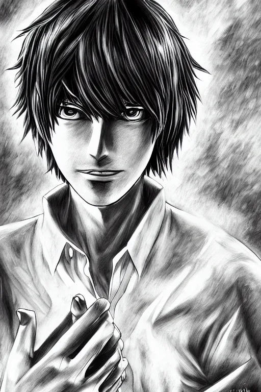 Image similar to light yagami, god of the new world, highly detailed, digital art, sharp focus, trending on art station, death note