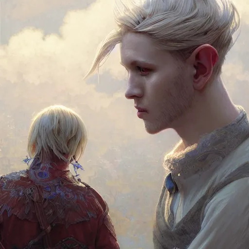 Image similar to elf fairy blonde male with a beautiful face, with a loot on their back, wearing a cardigan, highly detailed, intricate, digital painting, artstation, sharp focus, illustration, art by jakub rozalski, greg rutkowski, artgerm, tan zi and ayanamikodon and alphonse mucha and wlop