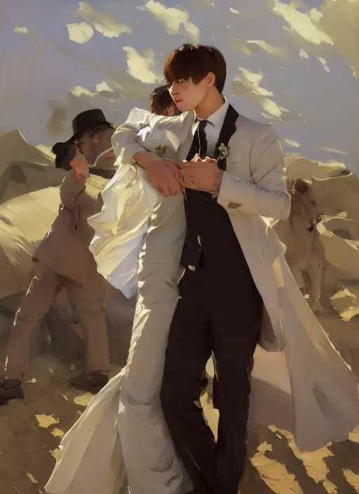 Image similar to jungkook and taehyung of bts getting married in las vegas, perfect eyes, jodhpurs hyperborea winter traveler treasure hunter greg manchess painting by sargent and leyendecker, fantasy, medium shot, matte painting, illustration, hearthstone, by rhads, by greg rutkowski, by greg tocchini, by james gilleard, by joe fenton