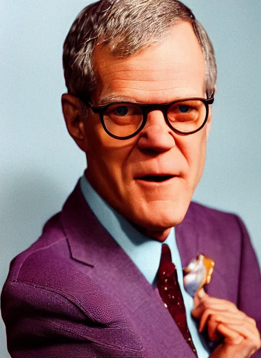 Prompt: platon closeup photograph of david letterman in a purple suit, photorealistic, studio lighting, ektachrome, detailed, intricate, face detail