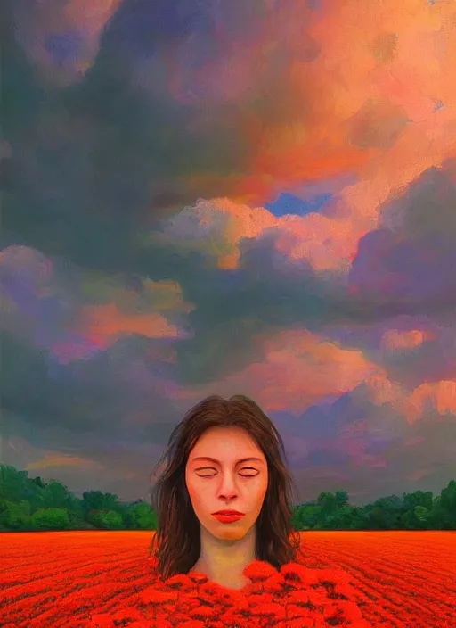 Image similar to portrait of a woman, face made of giant carnation, flower field, surreal photography, sunset dramatic light, impressionist painting, colorful clouds, large sky, digital painting, artstation, simon stalenhag